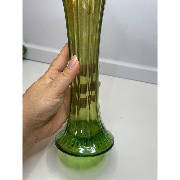 Northwood Carnival Green/Marigold Swung Glass Vase 10.25” Tall With N Logo - Picture 4 of 7